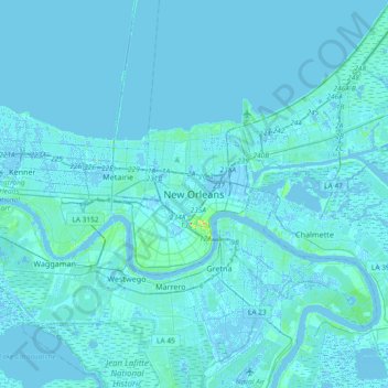 Mappa topografica New Orleans, altitudine, rilievo