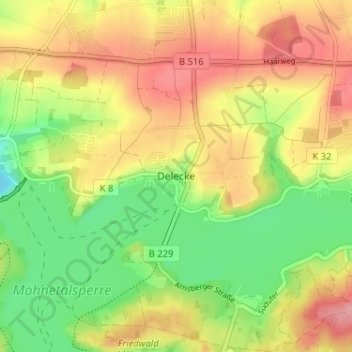 Mappa topografica Delecke, altitudine, rilievo