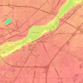 Mappa topografica Perrysburg, altitudine, rilievo