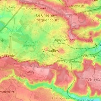 Mappa topografica Versailles, altitudine, rilievo