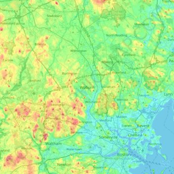Mappa topografica Woburn, altitudine, rilievo