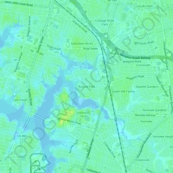 Mappa topografica Roland Park, altitudine, rilievo