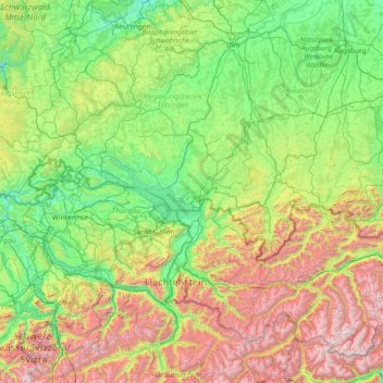Mappa topografica Bodenseebecken, altitudine, rilievo