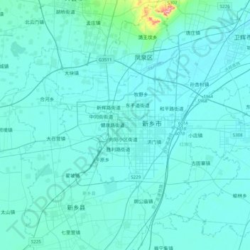 Mappa topografica 新乡市, altitudine, rilievo