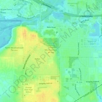 Mappa topografica Meadowbrook Terrace, altitudine, rilievo