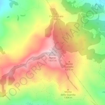 Mappa topografica Monte Aserei, altitudine, rilievo