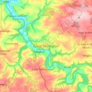 Mappa topografica Great Torrington, altitudine, rilievo