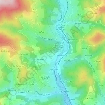 Mappa topografica Panissière, altitudine, rilievo