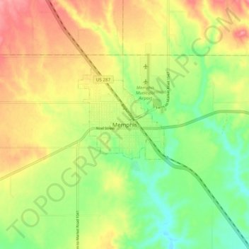 Mappa topografica Memphis, altitudine, rilievo
