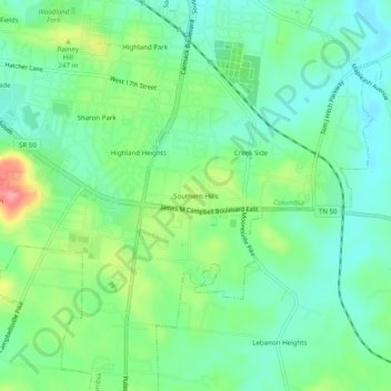 Mappa topografica Southern Hills, altitudine, rilievo
