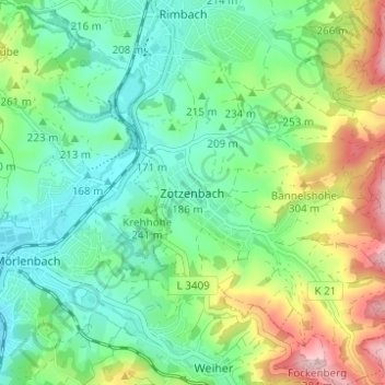 Mappa topografica Zotzenbach, altitudine, rilievo