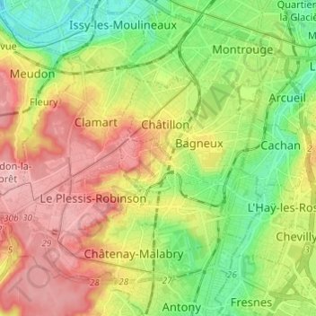 Mappa topografica Fontenay-aux-Roses, altitudine, rilievo