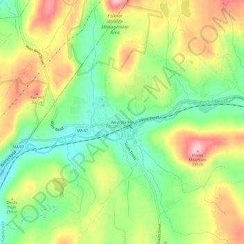 Mappa topografica West Warren, altitudine, rilievo