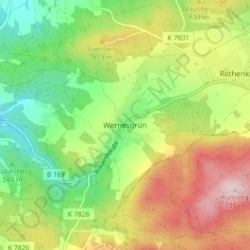 Mappa topografica Wernesgrün, altitudine, rilievo