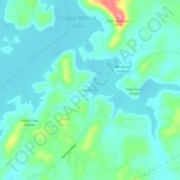 Mappa topografica Alpine Bay, altitudine, rilievo
