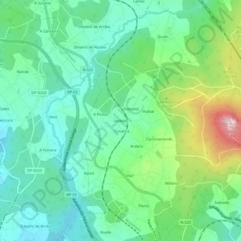 Mappa topografica Lestedo, altitudine, rilievo