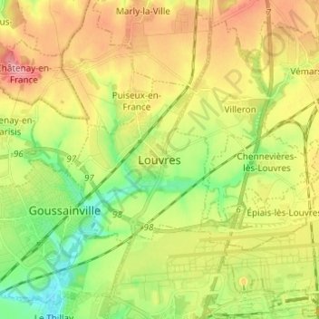Mappa topografica Louvres, altitudine, rilievo