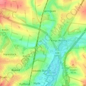 Mappa topografica Headbourne Worthy, altitudine, rilievo