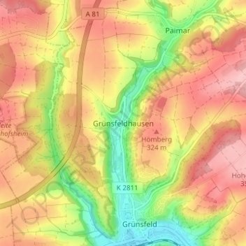 Mappa topografica Grünsfeldhausen, altitudine, rilievo