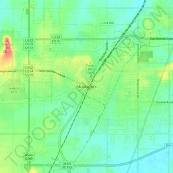 Mappa topografica Muskogee, altitudine, rilievo