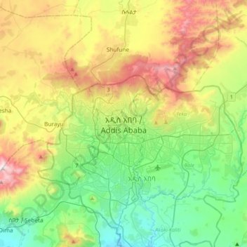 Mappa topografica Addis Abeba, altitudine, rilievo
