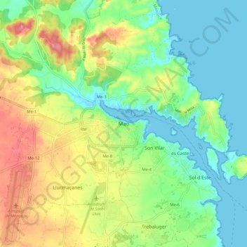 Mappa topografica Mahón, altitudine, rilievo