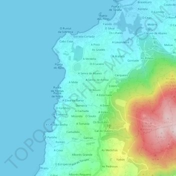 Mappa topografica Currás, altitudine, rilievo