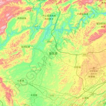 Mappa topografica 普定县, altitudine, rilievo