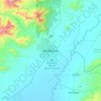 Mappa topografica Valledupar, altitudine, rilievo