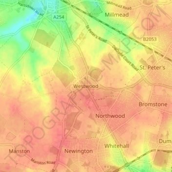 Mappa topografica Westwood, altitudine, rilievo