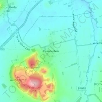 Mappa topografica Dumbleton, altitudine, rilievo