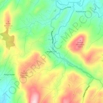 Mappa topografica Middle Fork, altitudine, rilievo