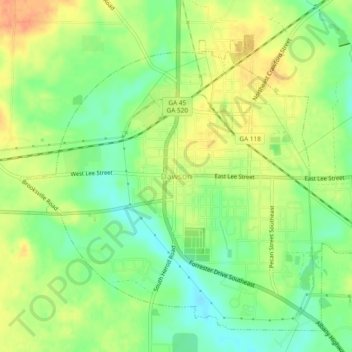 Mappa topografica Dawson, altitudine, rilievo