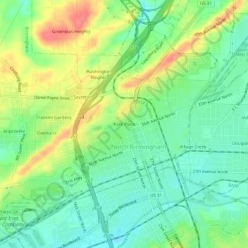Mappa topografica Park Place, altitudine, rilievo