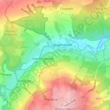 Mappa topografica Hamsterley, altitudine, rilievo