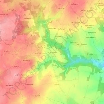 Mappa topografica Le Hangouët, altitudine, rilievo