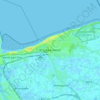 Mappa topografica Knokke-Heist, altitudine, rilievo