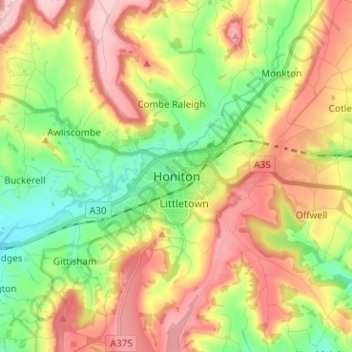 Mappa topografica Honiton, altitudine, rilievo