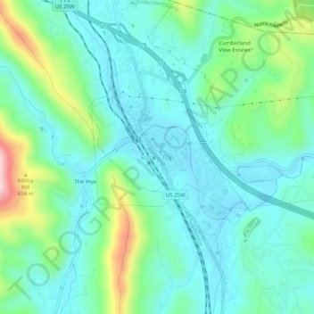 Mappa topografica Rocky Top, altitudine, rilievo