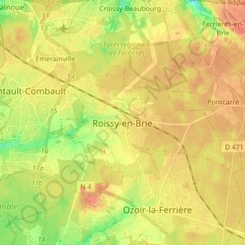 Mappa topografica Roissy-en-Brie, altitudine, rilievo
