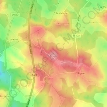 Mappa topografica Rignac, altitudine, rilievo
