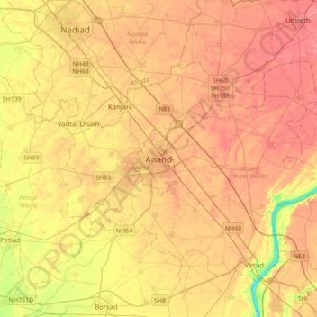Mappa topografica Anand, altitudine, rilievo