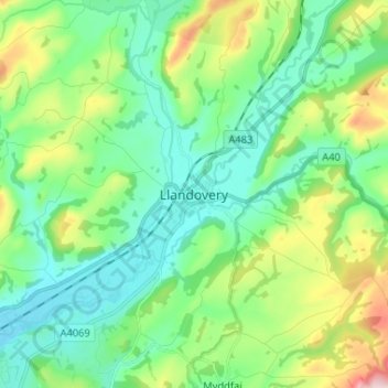 Mappa topografica Llandovery, altitudine, rilievo
