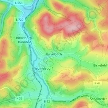Mappa topografica Birkelbach, altitudine, rilievo