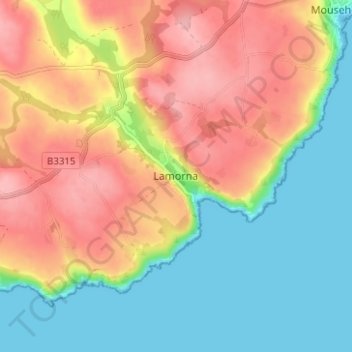 Mappa topografica Lamorna, altitudine, rilievo