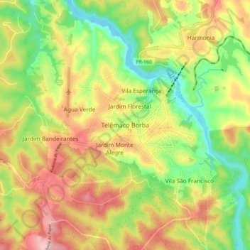 Mappa topografica Telêmaco Borba, altitudine, rilievo