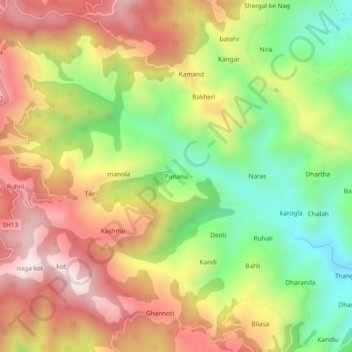 Mappa topografica Punanu, altitudine, rilievo