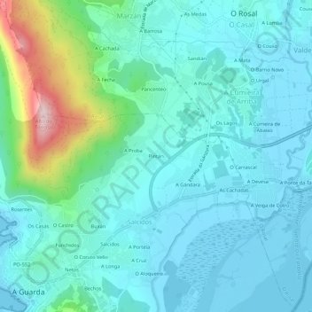 Mappa topografica Pintán, altitudine, rilievo