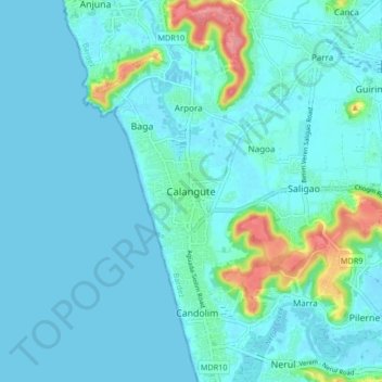 Mappa topografica Calangute, altitudine, rilievo