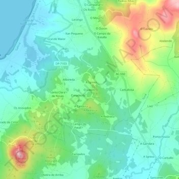 Mappa topografica O Lapido, altitudine, rilievo